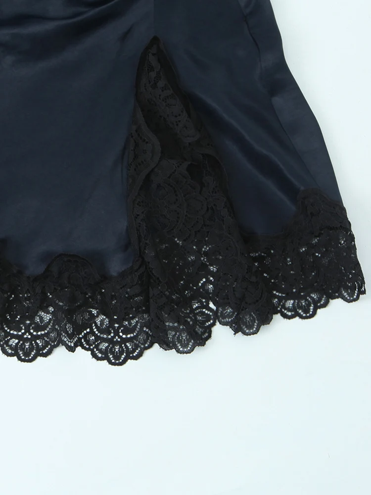 Lente Zomer Hoge Hals Mouwloos Kant Splicing Satijnen Minirok Vrouwen Terug Rits Decoratie Rokken Vrouwelijke Vrijetijdskleding 2025