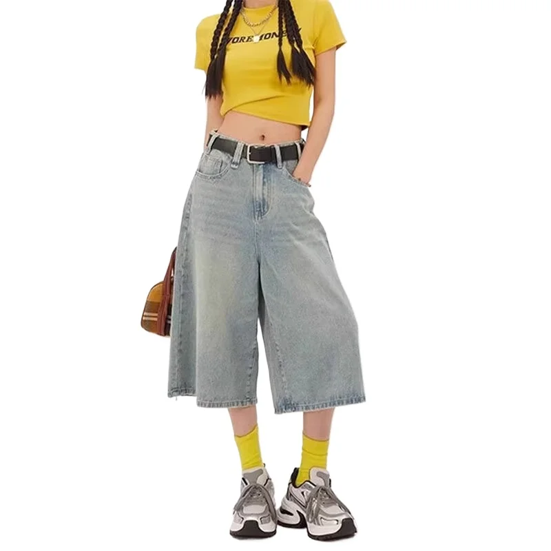 

American Retro Loose Wide-leg Denim Caprix Pants for Women 2026 Summer Fashion Casual High-waisted Slimming Straight-leg Pants