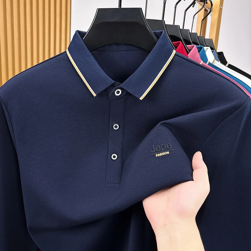 Fashion Trend Men Polo Shirt Autumn Skin Friendly Warm Pocket Long Sleeve Containing Cotton T-Shirt Commute Versatile Men's Wear