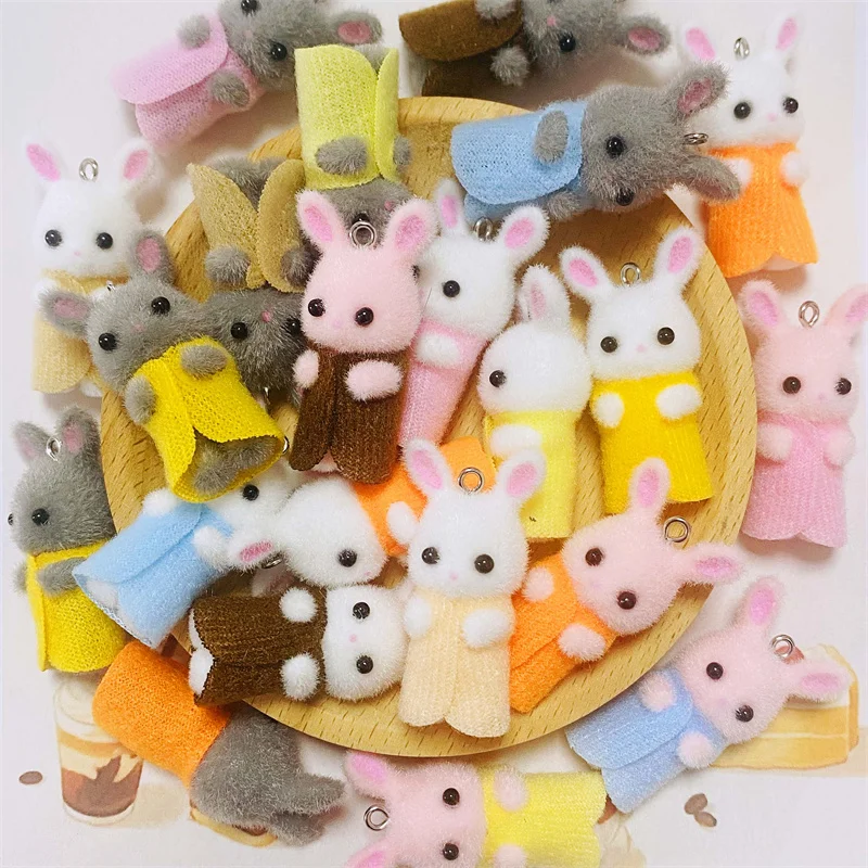 30pcs Bulk Fluffy Dress Rabbit Doll Charms Lots Wholesale Resin Animal Miniature Pendants For Earring Keychain DIY Jewelry Make