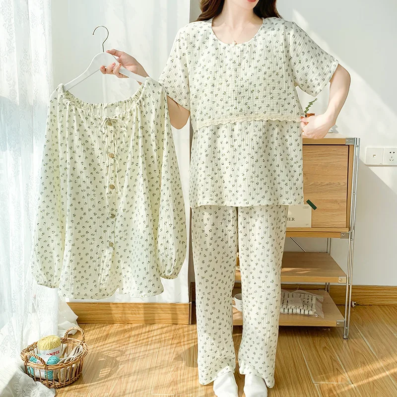 3PCS 100% Cotton Maternity Nursing Pajamas Sets Spring Autumn Breastfeeding Robe For Pregnant Women Pregnancy Sleepwear Lounge