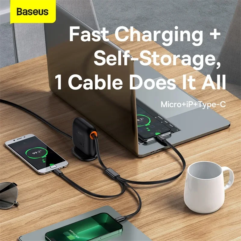 Baseus Traction Series Retractable 3-in-1 Fast Charging Cable Desktop Organizer Type-C to M+L+C 100W