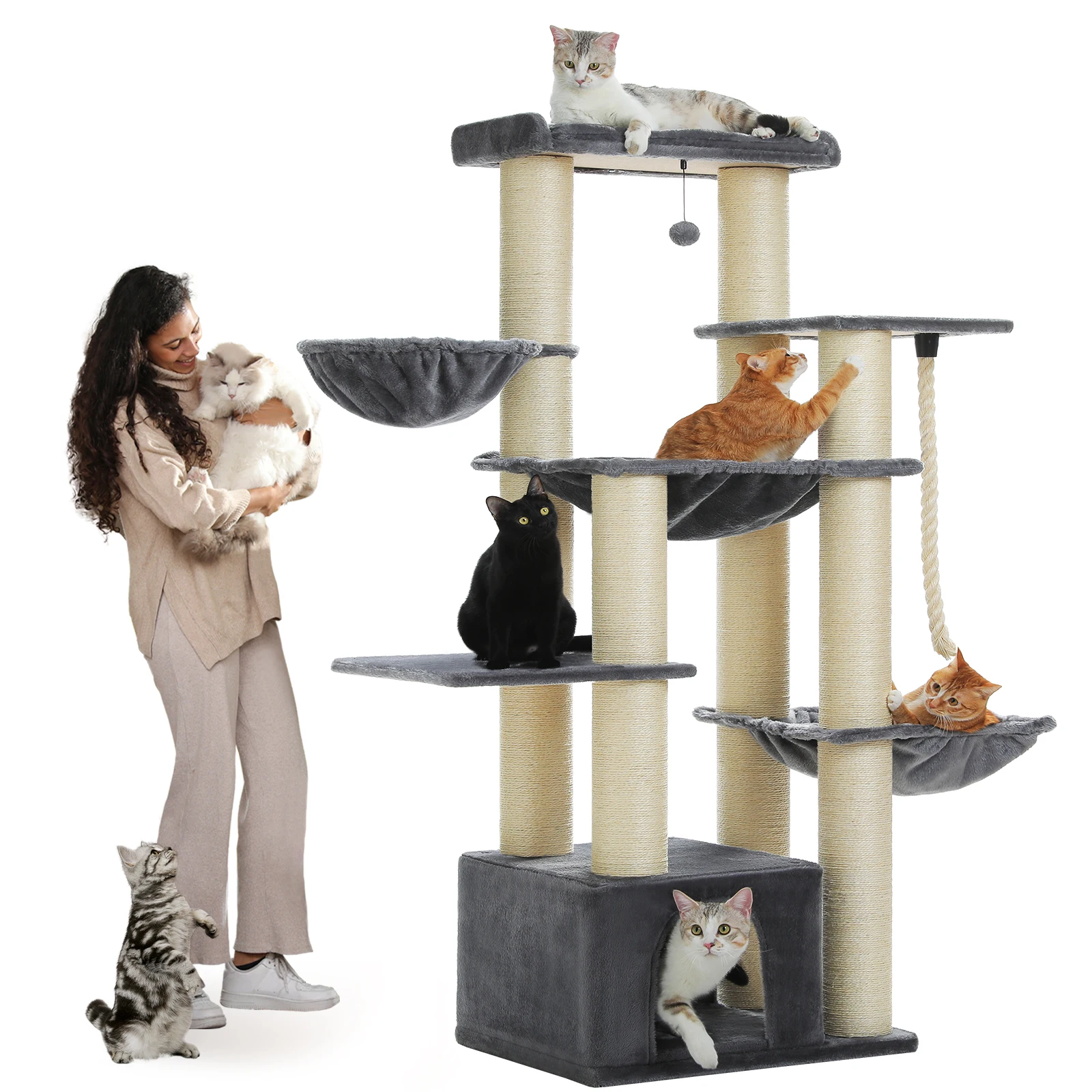 Grote kattenboom voor grote katten Robuuste kattentoren met verschillende niveaus Kattenhuis klimboom met hangmat 11 sisalpalen Grote baars