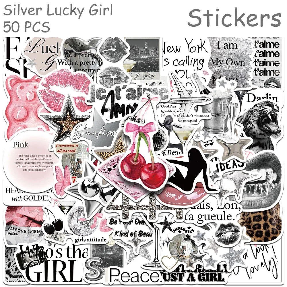 50pcs Silver Lucky Girl Stickers Decals For Phone Laptop Notebook Suitcase Skateboard DIY Cartoon Aesthetic Stickers