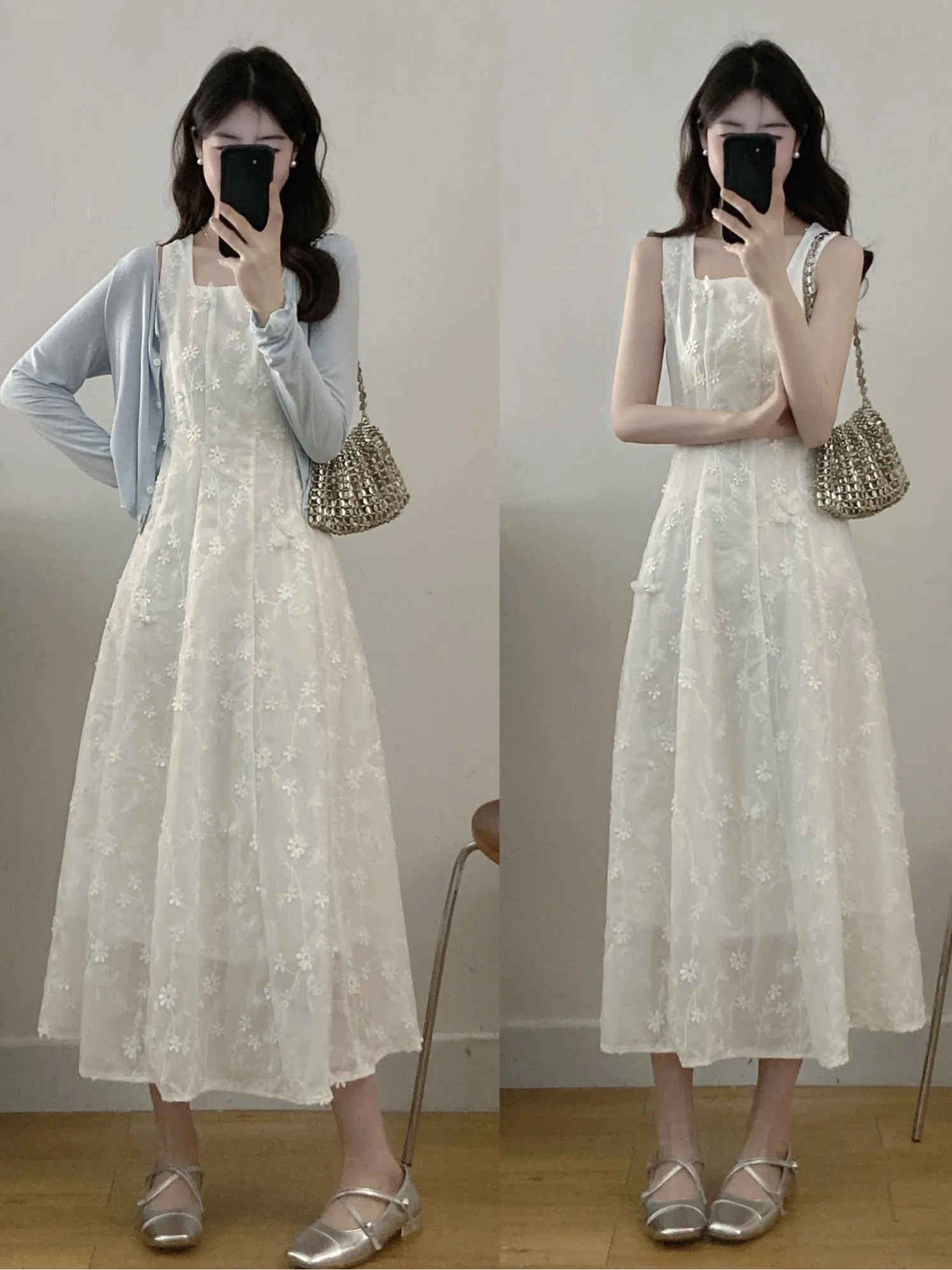 

plus Size Sweet Style A-Line Dress Embroidered Lace Heavy Work Summer Cardigan Two-Piece Set Women's Clothing Casual Wear