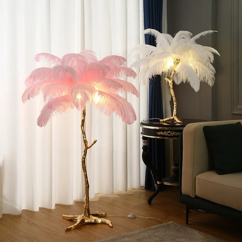 Ostrich Feather Floor Lamp for Bedroom Living Room Nordic Decor Princess Style Instagrammable Full Copper Table Lamp for