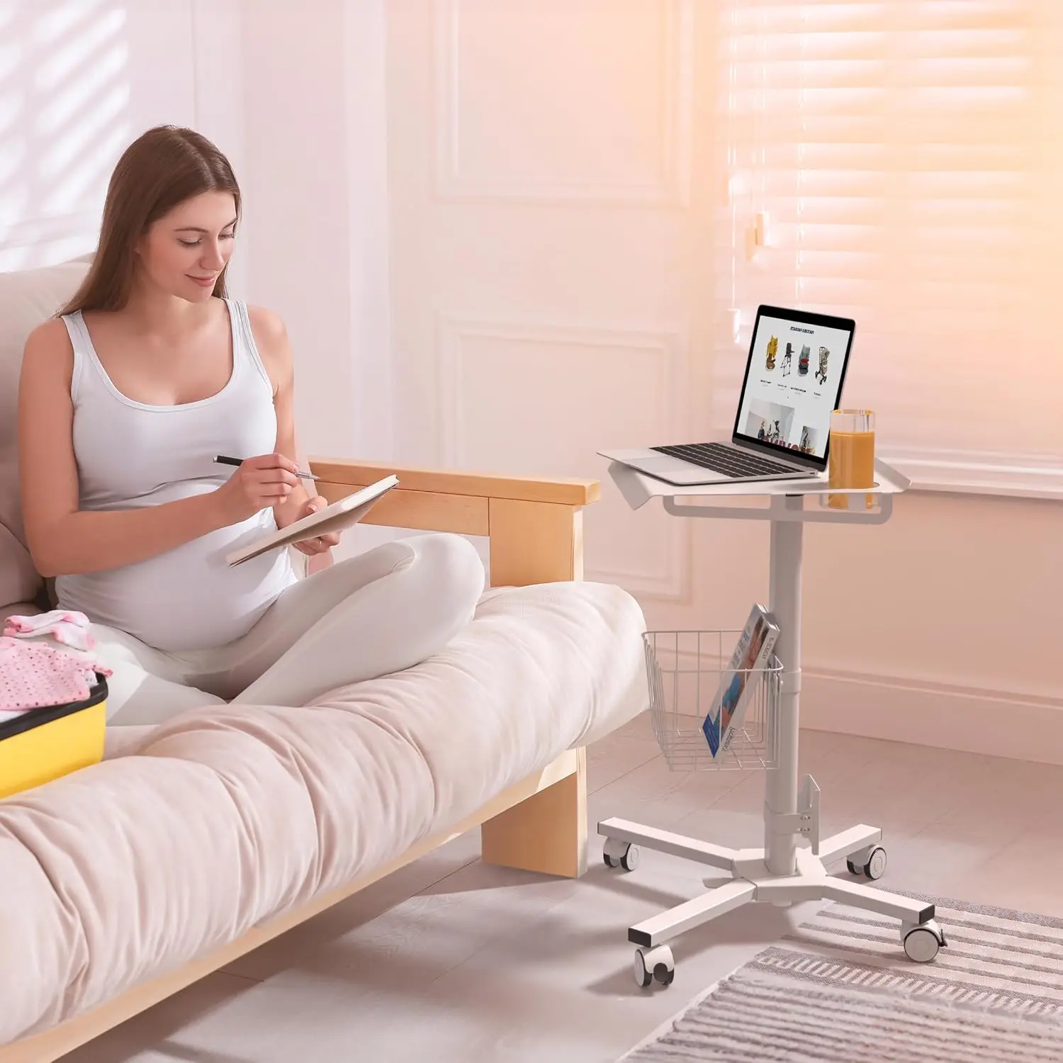 Portable Rolling Workstation for Laptop, White, Adjustable Height 29.7-45.2 Inches, Locking Wheels, Storage Basket, Supports 17.6 lbs, for Home Office School