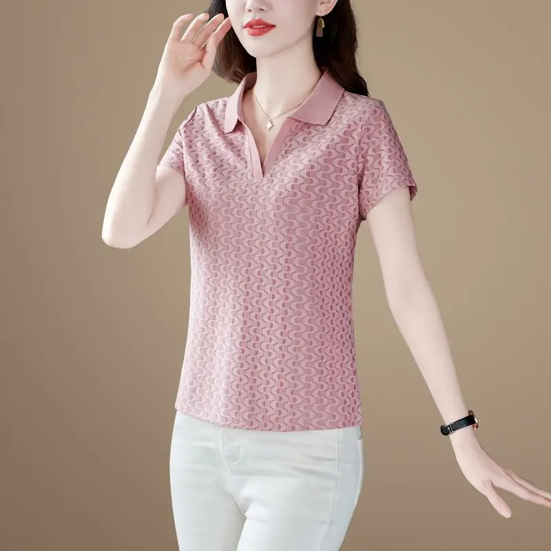 Office Lady Fashion Slim Solid Color Women\'s Polo T-shirt 2023 New Commute Simplicity Short Sleeve Tops Summer Female Clothing