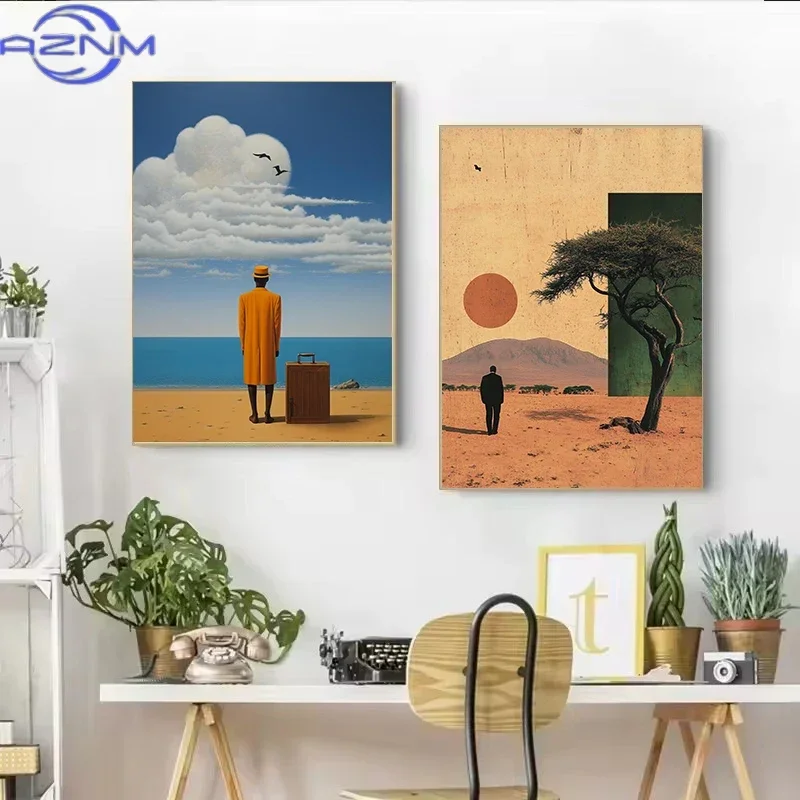 Vintage Surreal Fantasy African Black Man Inspired By Rene Magritte Poster Canvas Painting Wall Art Pictures Home Interior Decor