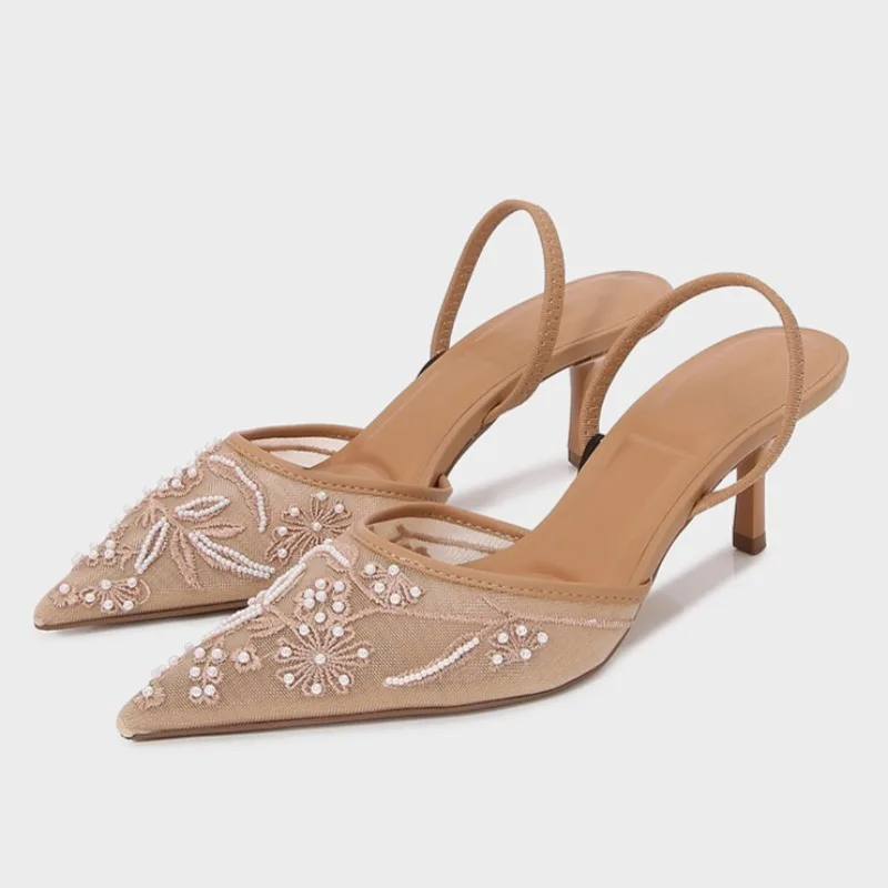 

2025 Elegant High Heeled Women Sandals Mesh Embroidery Bead Pointed Toe Slingbacks Brand Design Dress Summer Shoes for Ladies