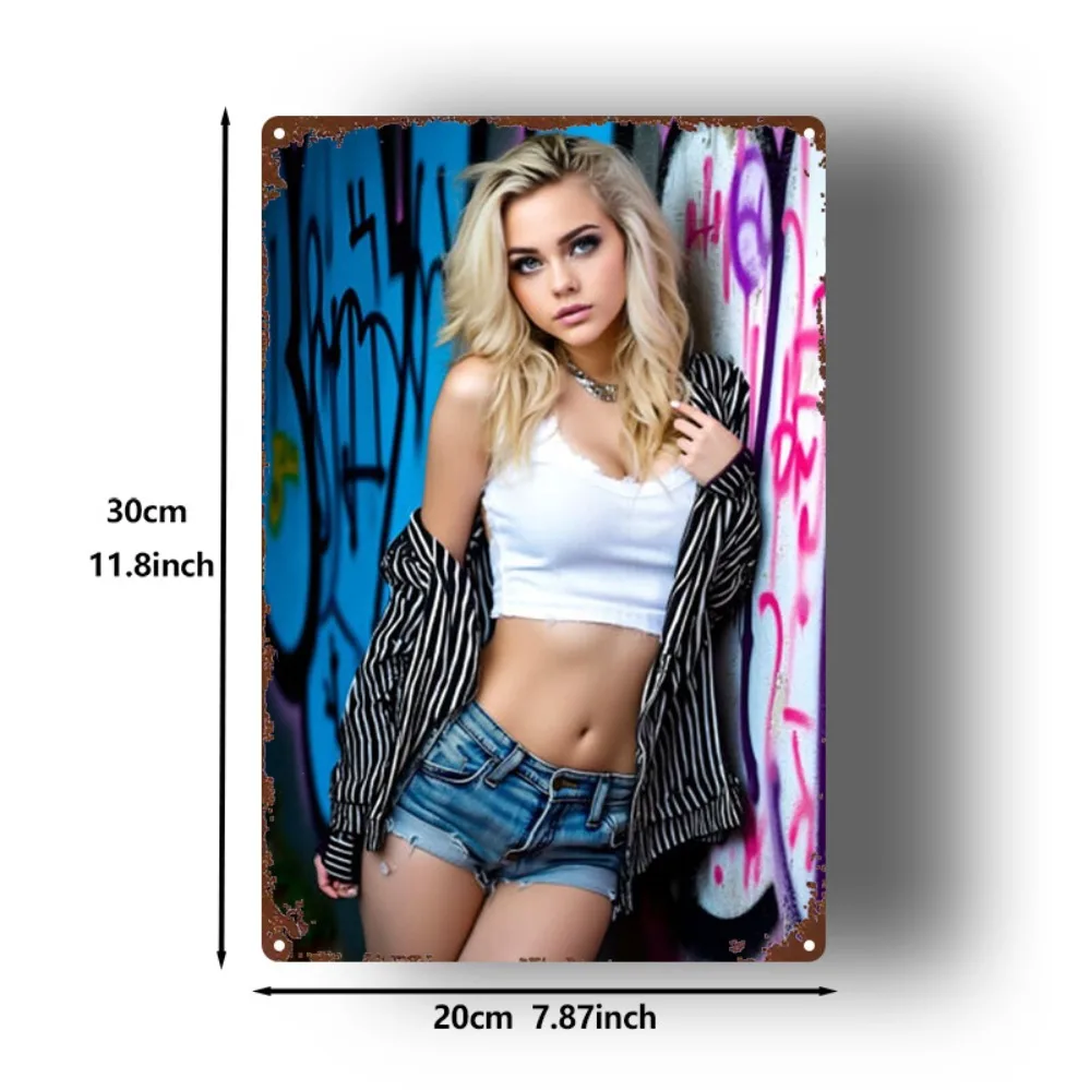 Vintage Metal Tin Sign, Street Style Blonde Girl with Graffiti Background Retro Wall Art Decor for Bar, Cafe, Living Room, 20x30