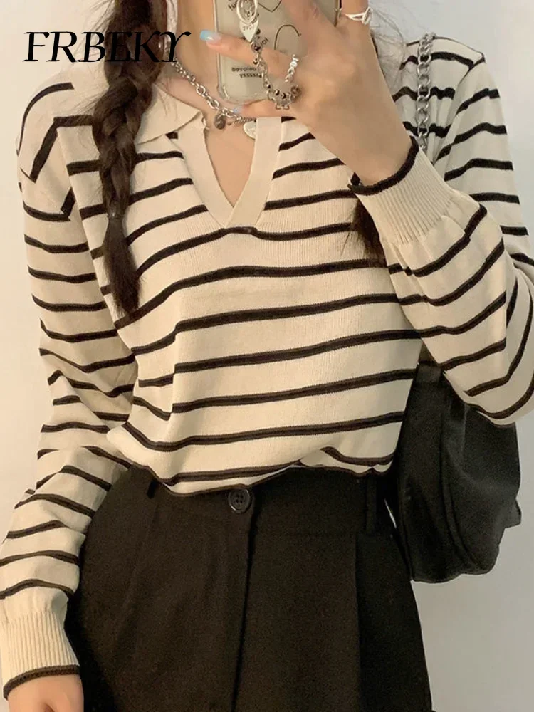 Autumn New Korean Fashion Polo Collar Knit Shirt Fashion Striped Bottoming Shirt Long-sleeved Sweater Streetwear Jumper Knitwear