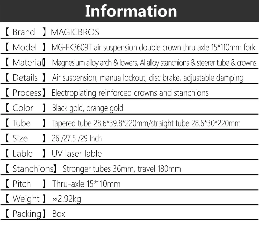 MAGICBROS MTB Doppelkronen-Luftfedergabel 36MM Rohr Steckachse 15*110mm 27,5 29 MTB Mountainbike Doppelkronen-Gabel – Detail 2