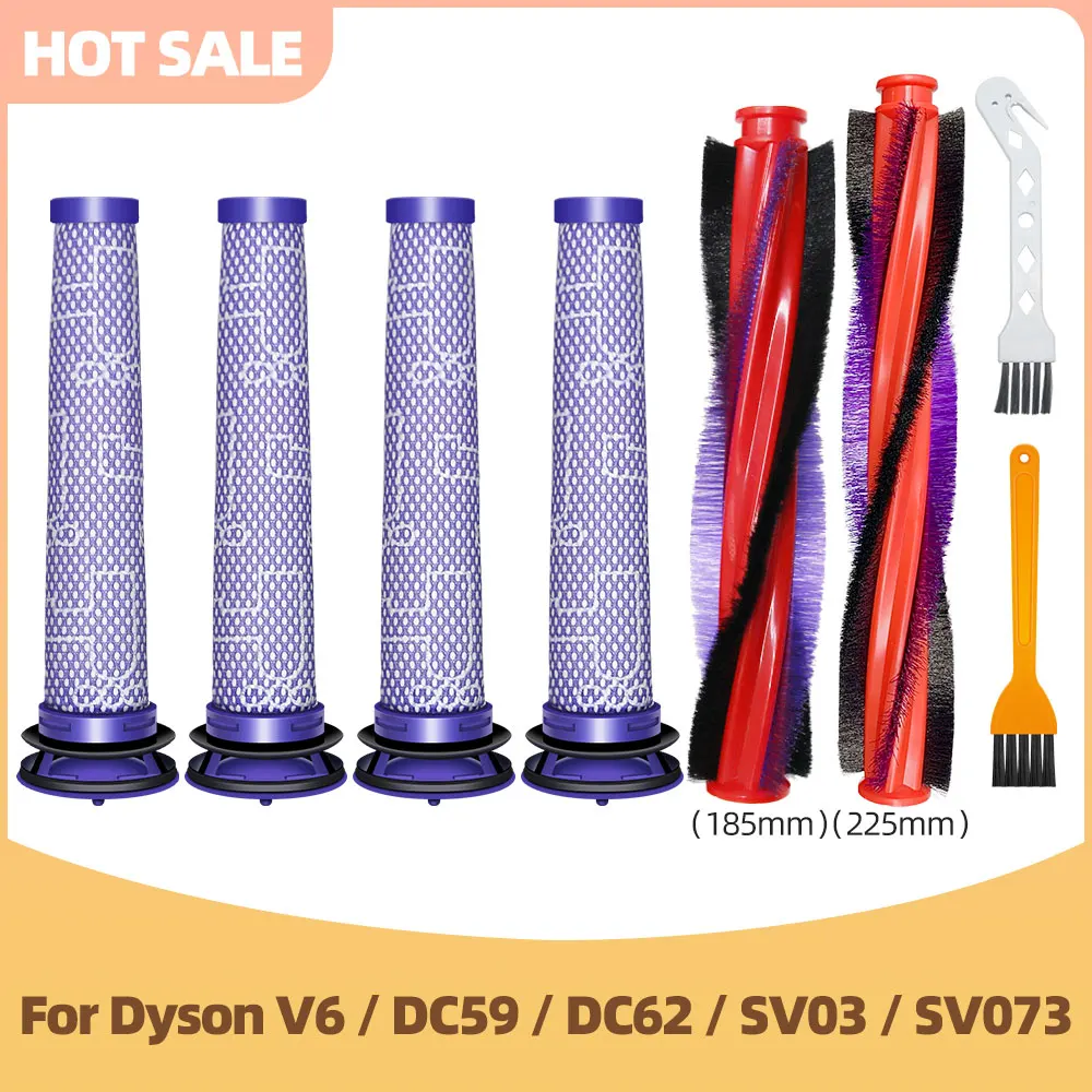 Compatible avec Dyson V6 Animal Fluff / DC59 / DC62 / SV03 / SV073 — Brosse principale à rouleau 185 mm / 225 mm et préfiltre de rechange.