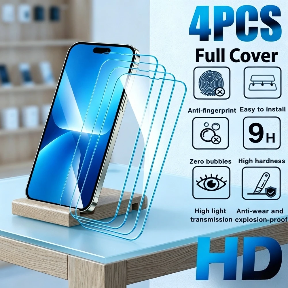 

4Pcs Ultra Clear Screen Protector for iPhone 17 16 15 14 Pro Max Air 17e 16e 15 14 Plus 13 12 11 Pro Anti-Scratch Tempered Glass
