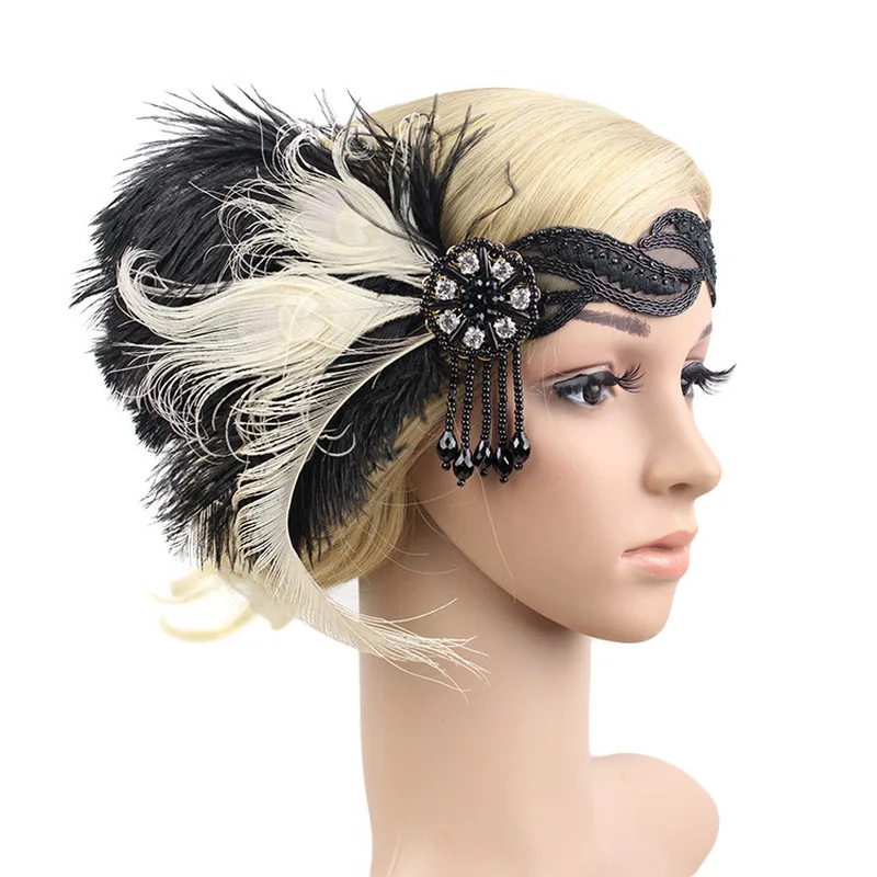 European American vintage headband for events, ceremonies, balls, black and white feather ethnic style pearl tassel hang