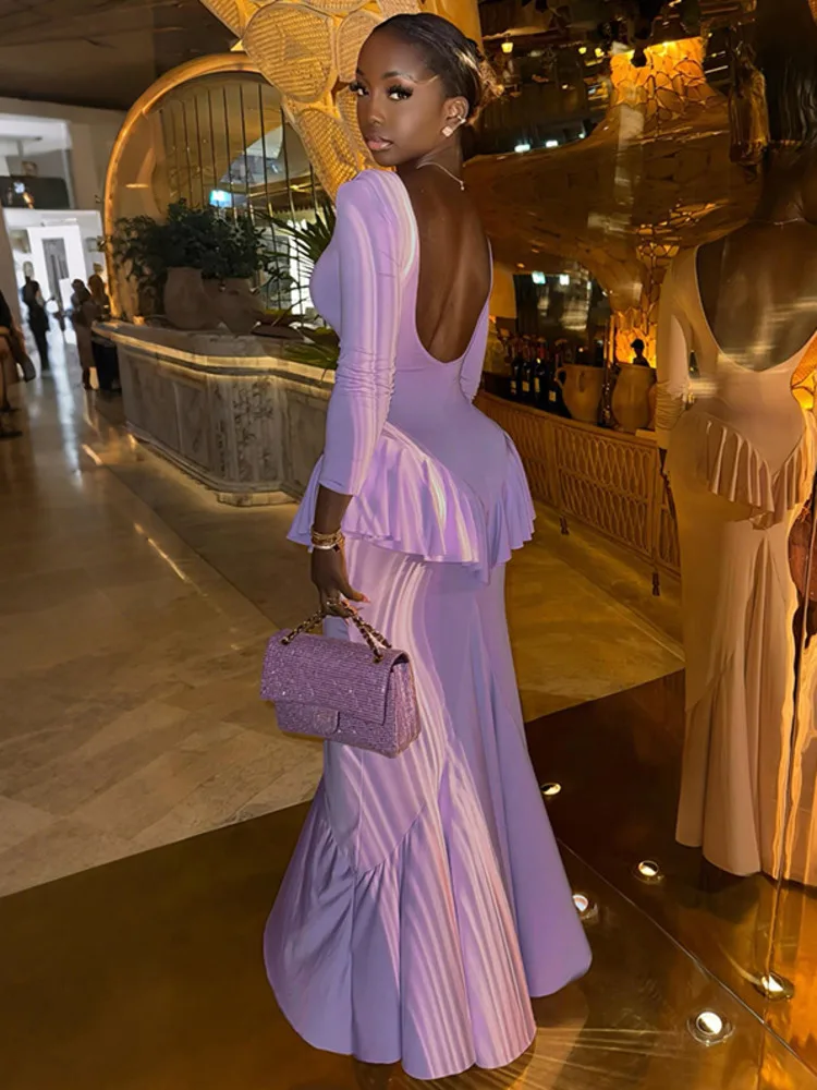 القطب الشمالي القط أنيقة طويلة الأكمام جولة الرقبة كشكش فستان طويل المرأة مثير عارية الذراعين مطوي فستان الخريف الشتاء فستان الحفلات المسائية