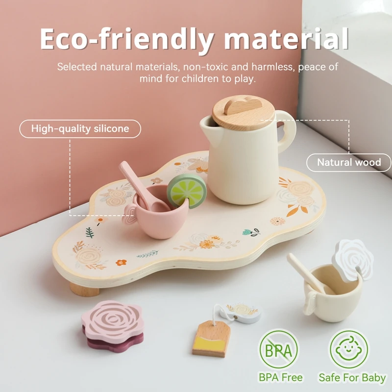 Wooden Kid Montessori Toy Afternoon Tea Set Teapot Teacup Simulation Kitchen Utensil Kid Role Play Game Education Block Toy Gift