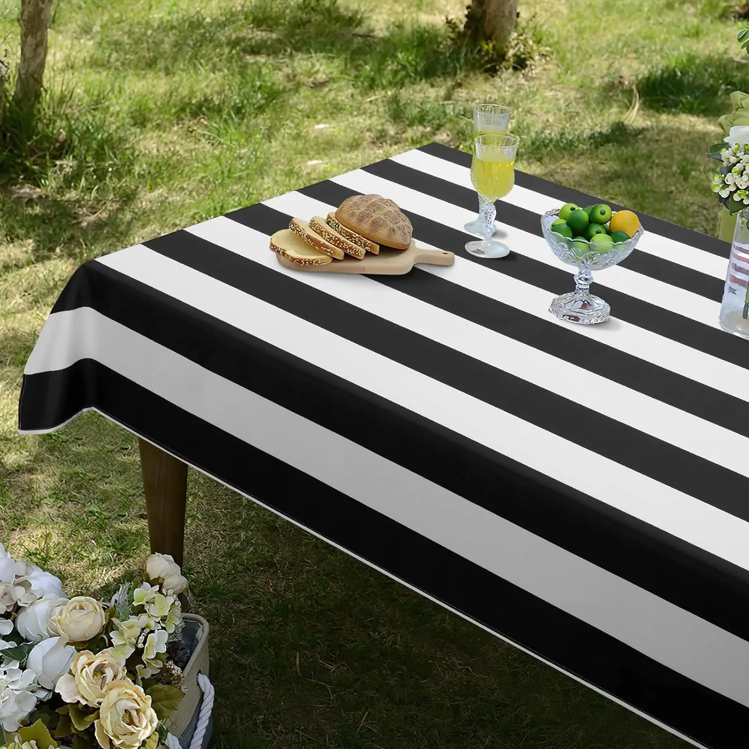 Mantel a rayas blancas y negras para mesa rectangular con rayas geométricas, impermeable, para cocina, comedor, decoraciones