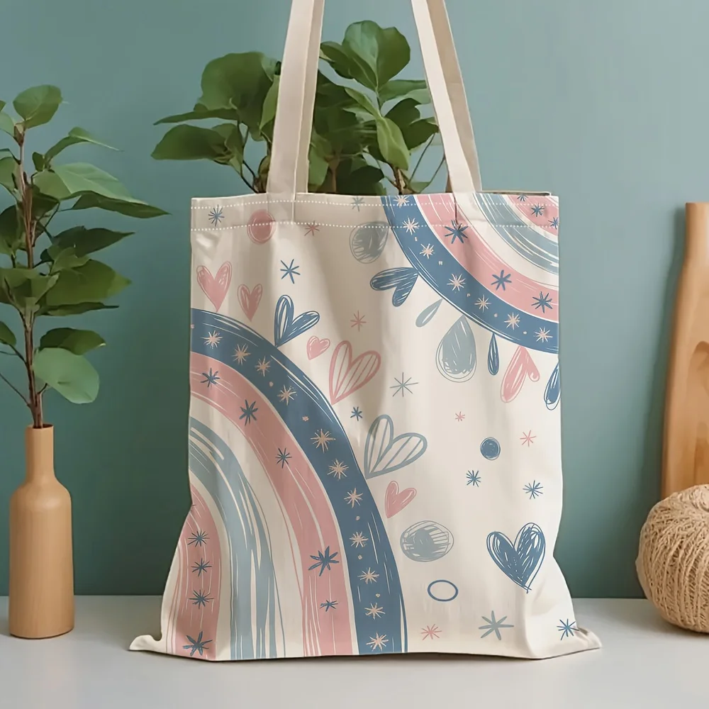 A Rainbow pattern print canvas tote bag, suitable for daily use, shopping, school, and travel