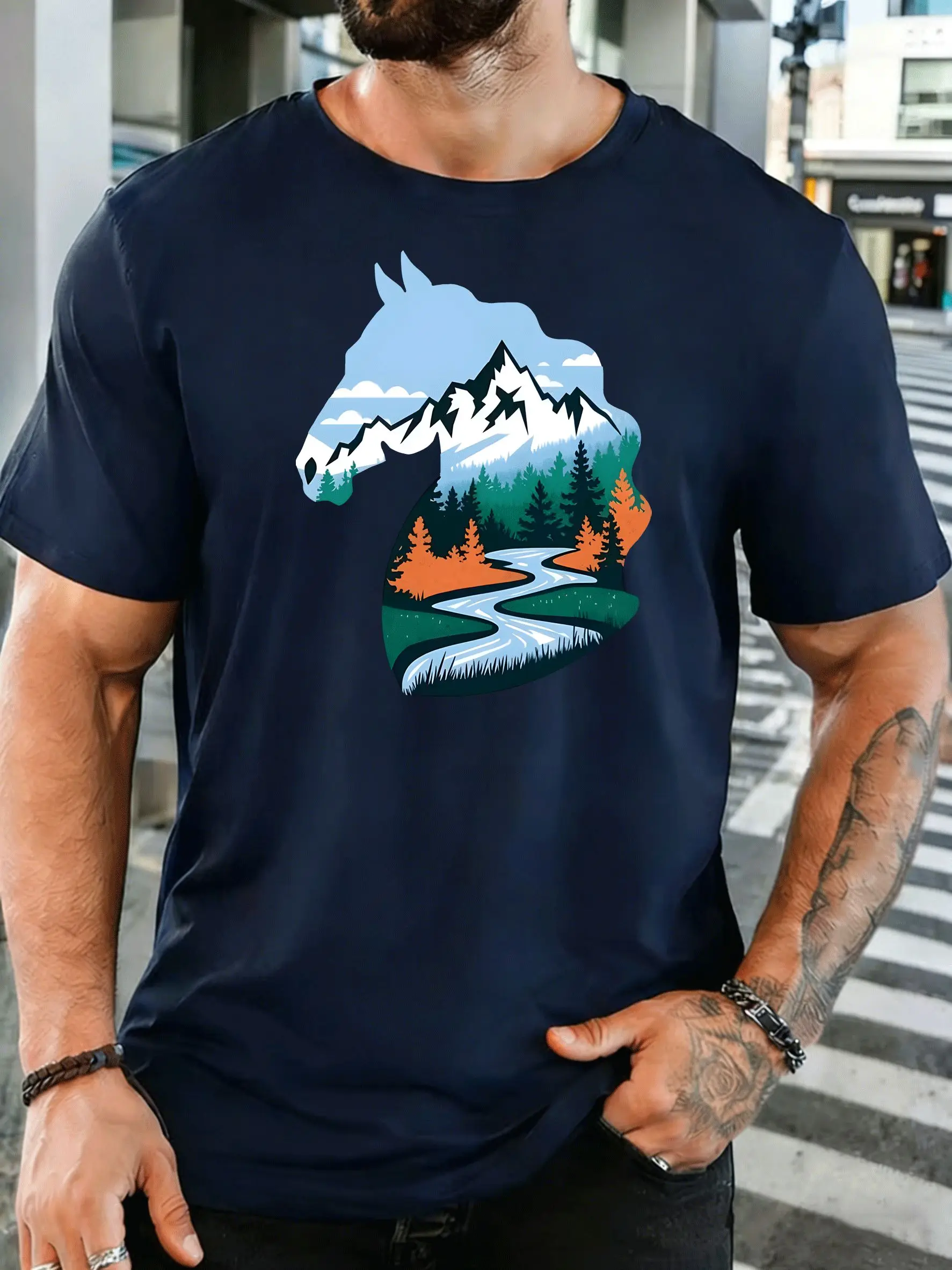 Men Short Sleeve T Shirt Horse Graphic Tee Wilderness Nature Print Tops Summer Soft Cotton Casual Street Wear For Adult Male