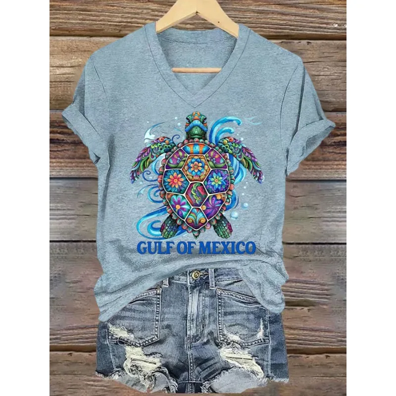 Women's Casual V-Neck Short Sleeve T-Shirt Gulf of Mexico Print Summer Top