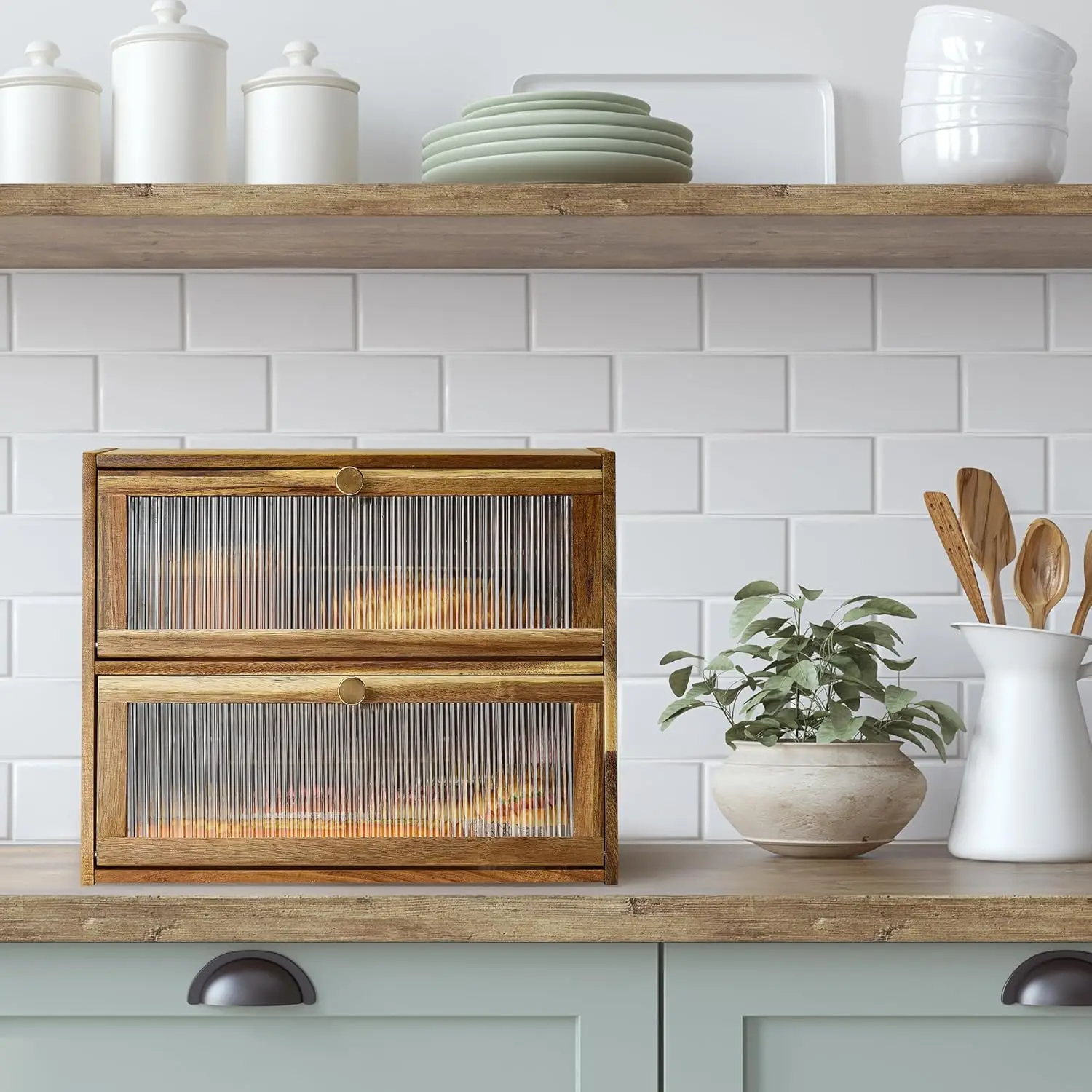 Extra Large 2-Layer Bread Storage Box with Acrylic Window, Farmhouse Style Kitchen Organizer for Fresh Food