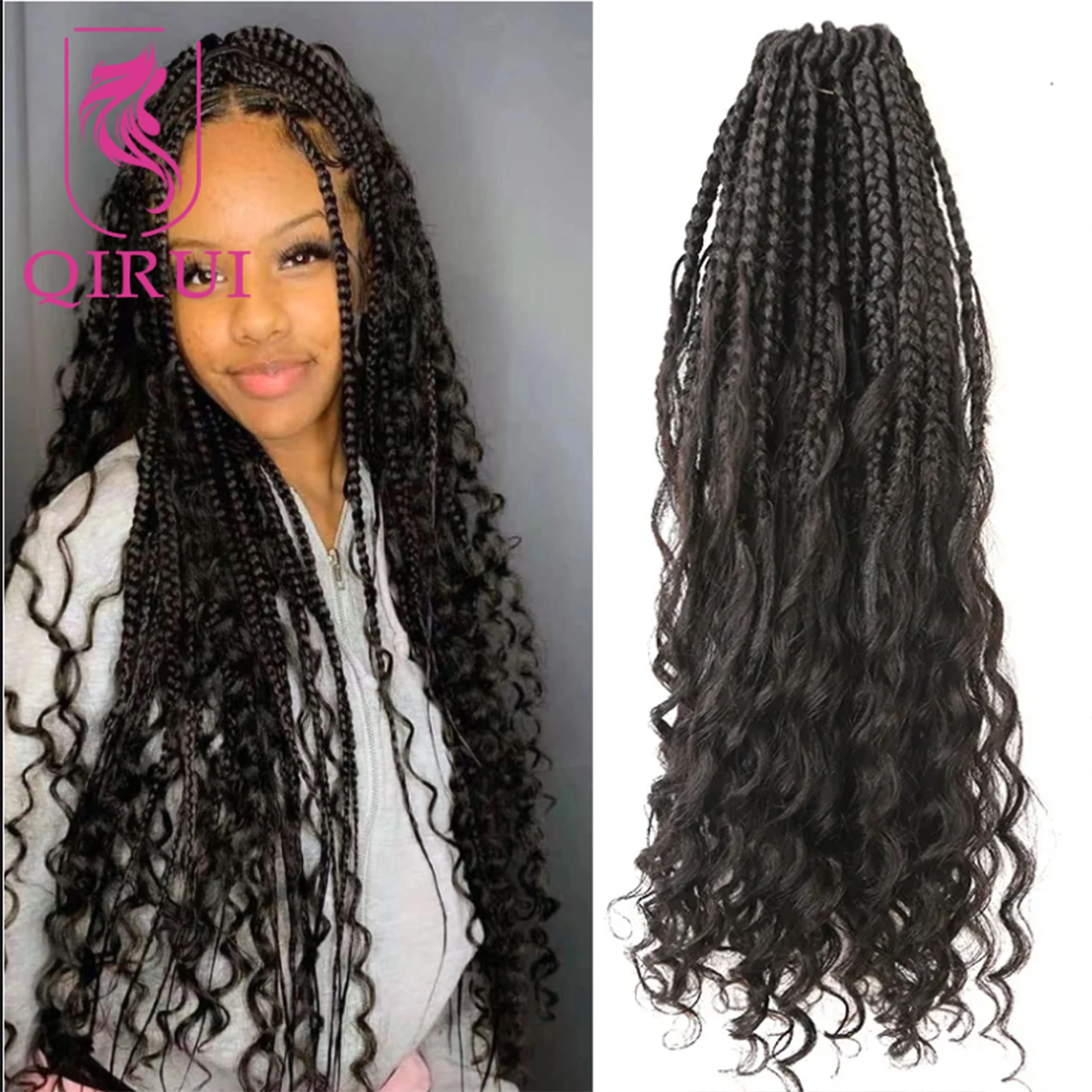 

Crochet Boho Box Braids With Human Hair Curls Pre-looped Synthetic Braid With Human Hair Curls Braiding Hair Extensions