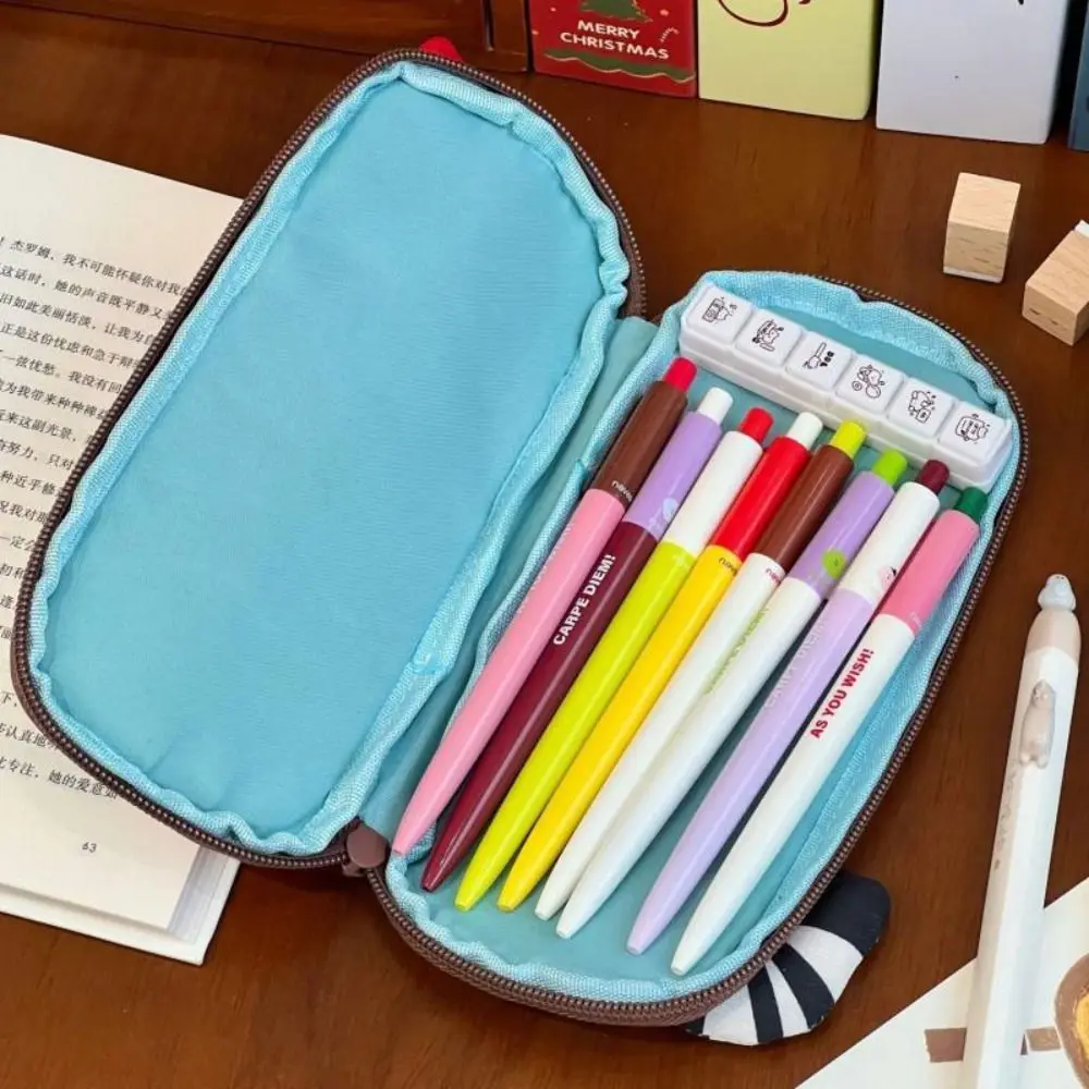 Cute Cloth Cat Pencil Case Japanese Style Color Block Cartoon Pen Bag Zipper Multifunctional Stationery Storage Bag Office