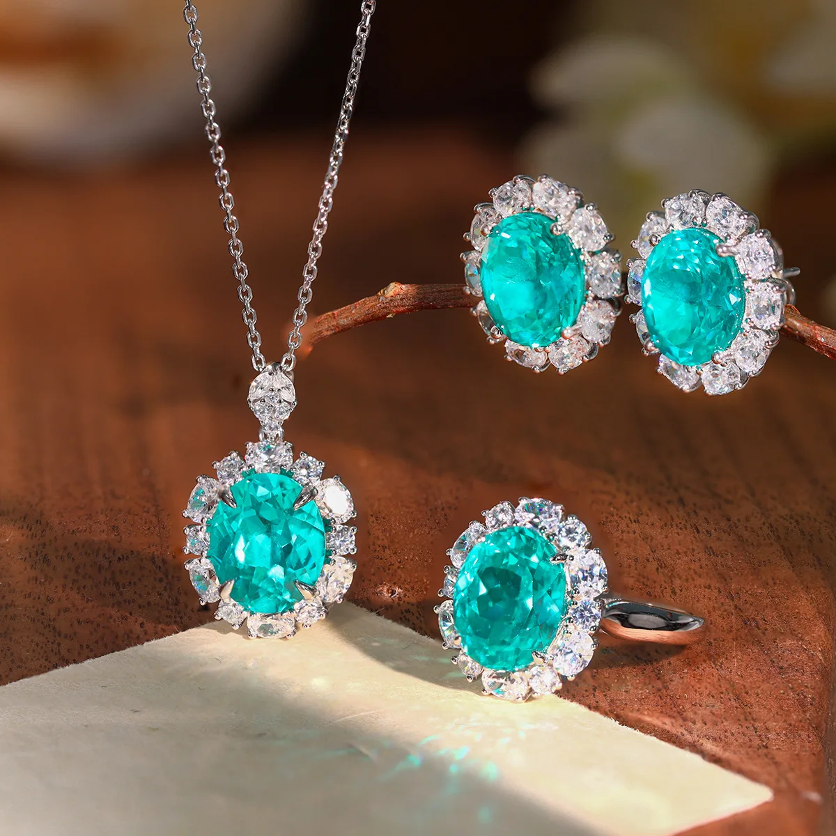 LinkerLove 925 Silver Oval Cut Lab Created Paraiba Gemstone Flower Halo Necklace Earrings Ring Jewelry Set Luxury Bridal Jewelry