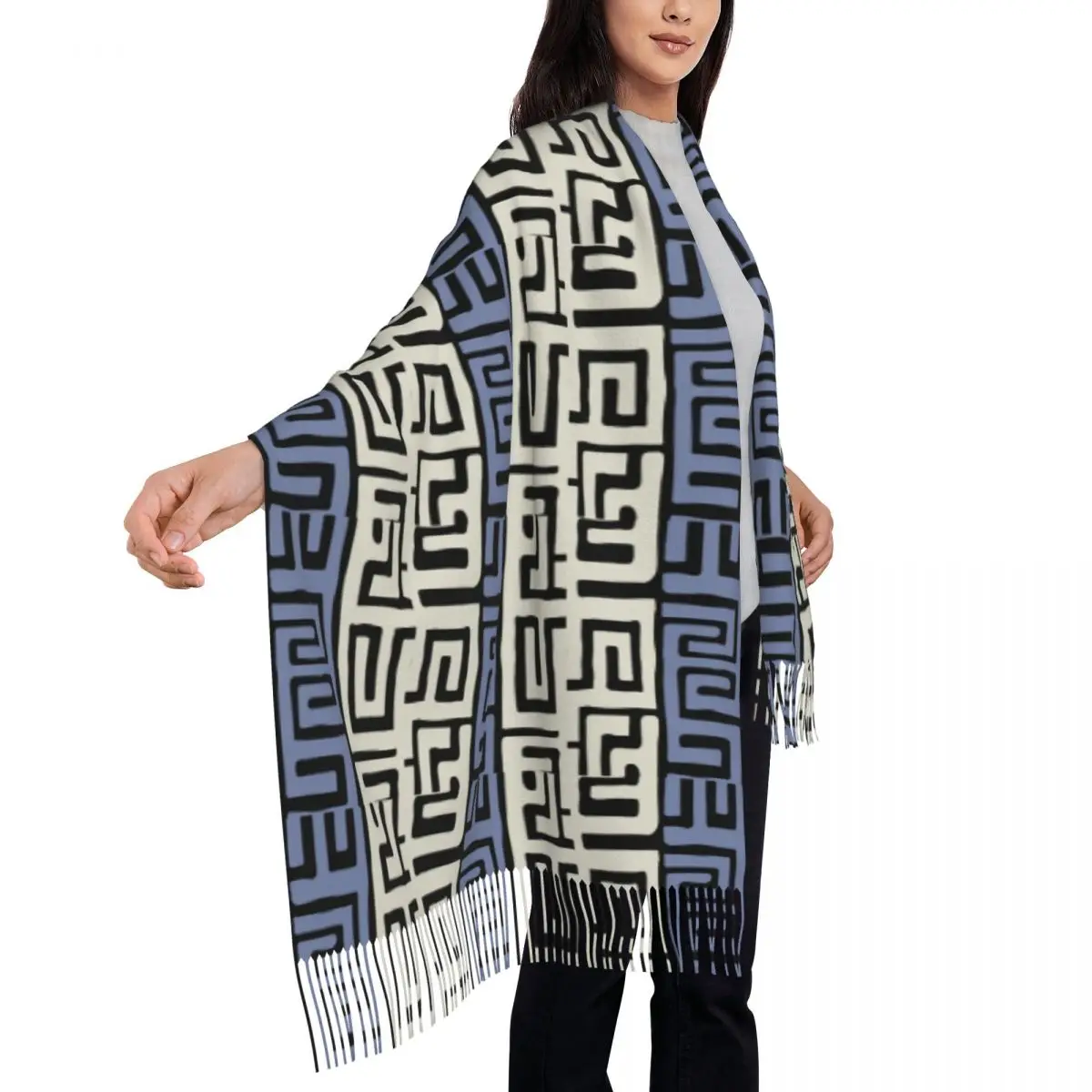 Aangepaste Boho Boheemse sjaal wrap lange winter herfst warme kwast sjaal Unisex Afrikaanse stof geïnspireerde crème en patroon sjaals