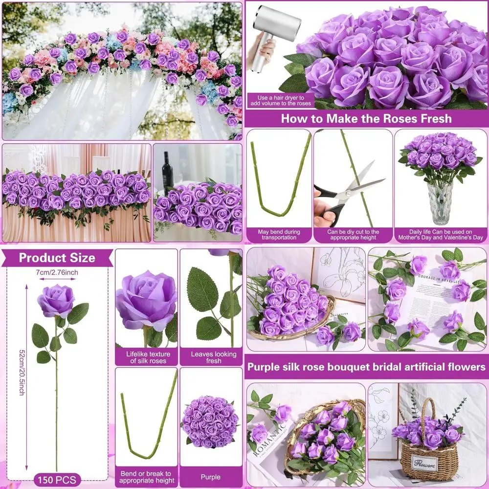 

150 шелковых роз на длинных стеблях с лепестками для свадебного и домашнего декора