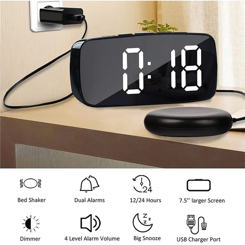 ABXD Multifunctional Dual USB Alarm Clock Super Loud Vibrating Bed Shaker For Heavy Sleeper Deaf Hard Of Hearing Snooze
