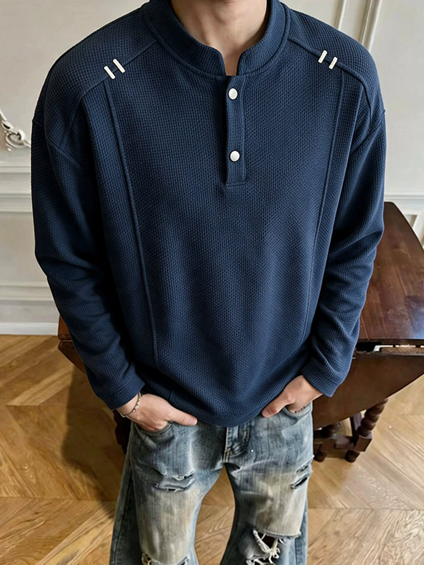 Loose Long Sleeve T-Shirt Men's Cleanfit Simple Base Layer Sweatshirt Half Buttoned Autumn Spring Texture Waffle Pattern