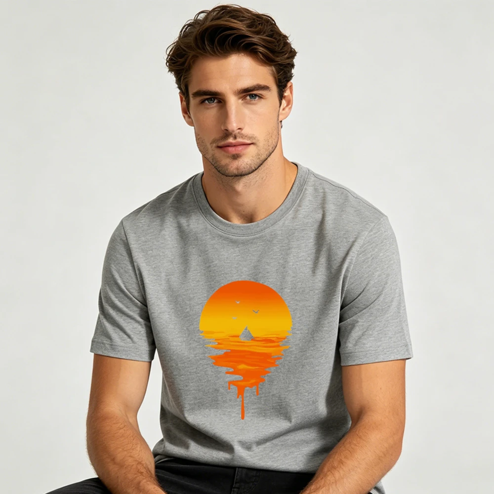 Melting Sunset Ocean Sailboat Bird Scenery Graphic Men Women Crew Neck Short Sleeve Pure Cotton Travel Vacation Casual Tee