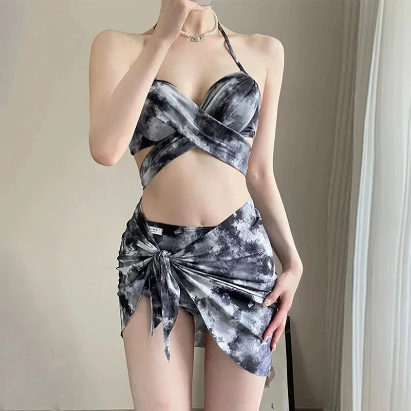 Women's Black Printed Bikini Suit Split Swimsuit 3pcs Fashion Sexy Beach Wear Swimwear Seaside Vacation Spa Bathing Suit