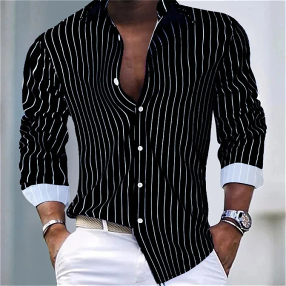 Summer men's shirt 3d printed striped print lapel short-sleeved top casual fashion