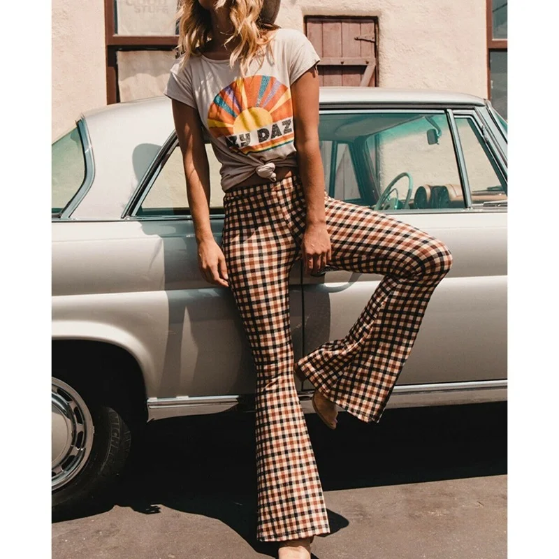 Pantaloni lunghi a zampa di elefante a vita alta Vintage da donna pantaloni a zampa di elefante Boho Hippie con fondo a campana elasticizzato verde tutto-fiammifero femminile