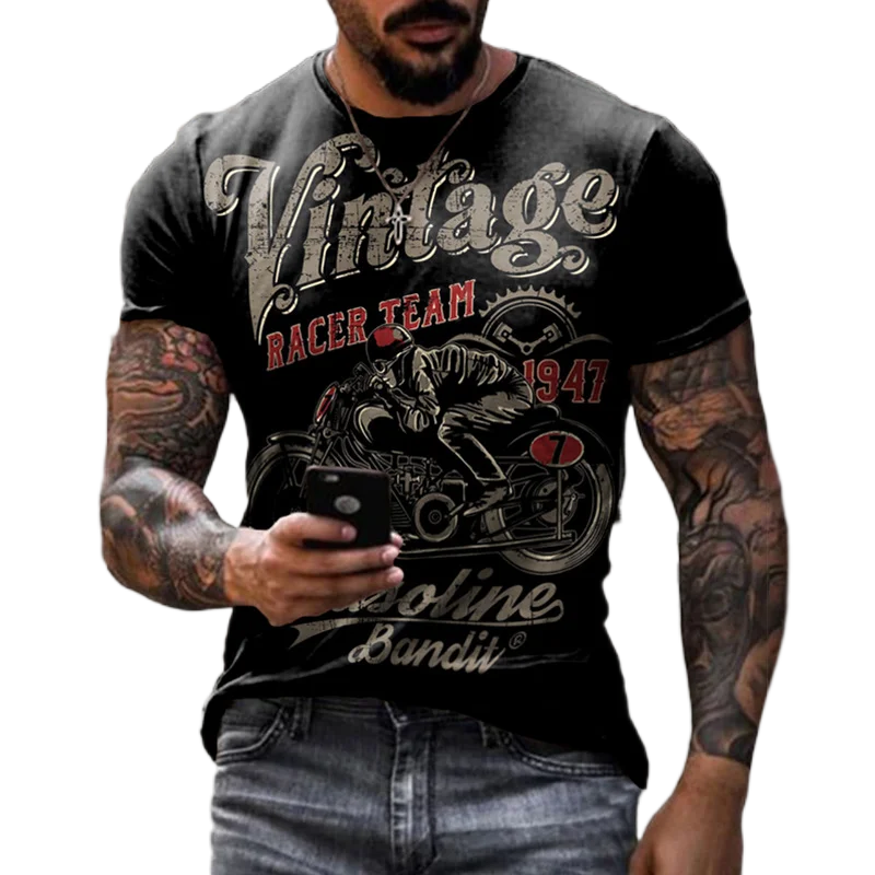 2022 Summer Vintage Men's T Shirt 3d Retro Motorcycle Oversized Tshirts For Men Clothing Biker Racing T-shirts Motor Tees Tops