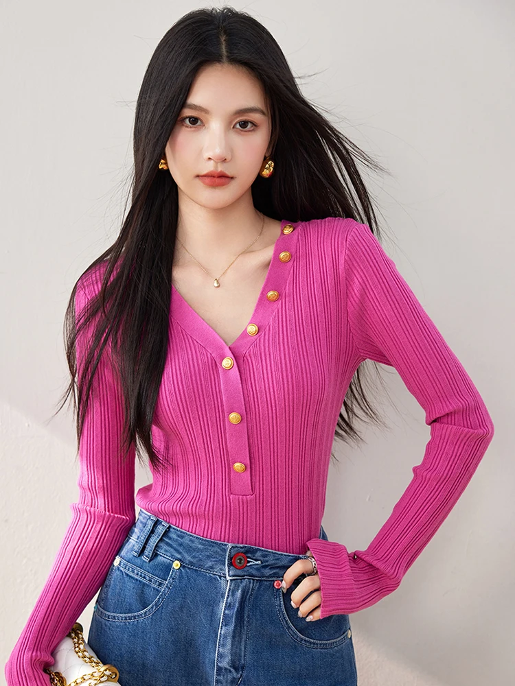 Women Autumn New Solid Color Slim Pullover Fashion Asymmetric V-neck Sweater Niche Design Long Sleeve Top