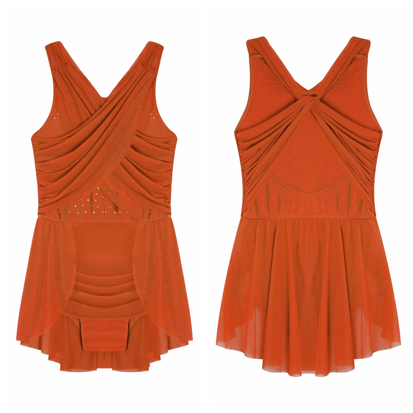 

Ballet Leotard Dress for Kids Girls Cross Mesh Cutout Back Rhinestones Irregular Skirted Dancewear Gymnastics Figure Skating