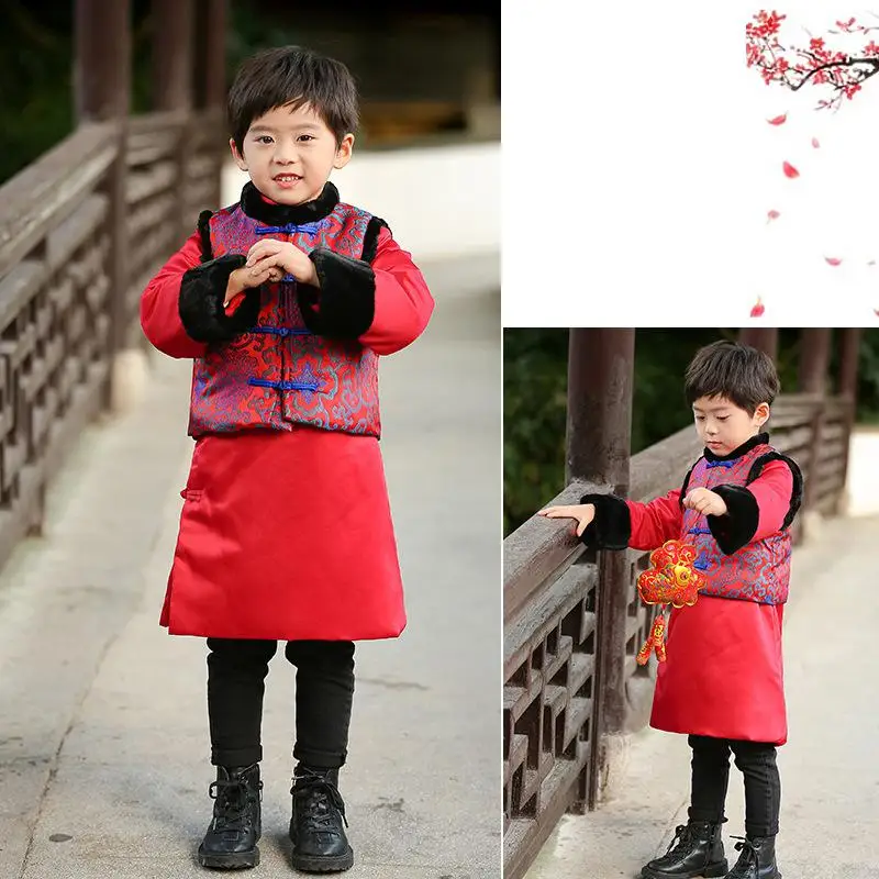 Winter New Thick Warm Two Piece Suit Chinese Style Traditional Vintage Button Boy Hanfu New Year Greeting Role Play Costume