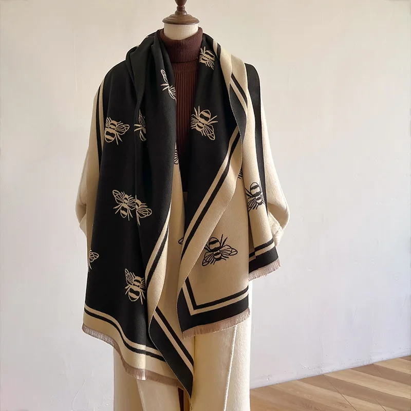 New Winter Cashmere Shawl Women High-end Temperament Short Fringe Warm Bib Double-sided Printed Scarf Dual-purpose Shawl