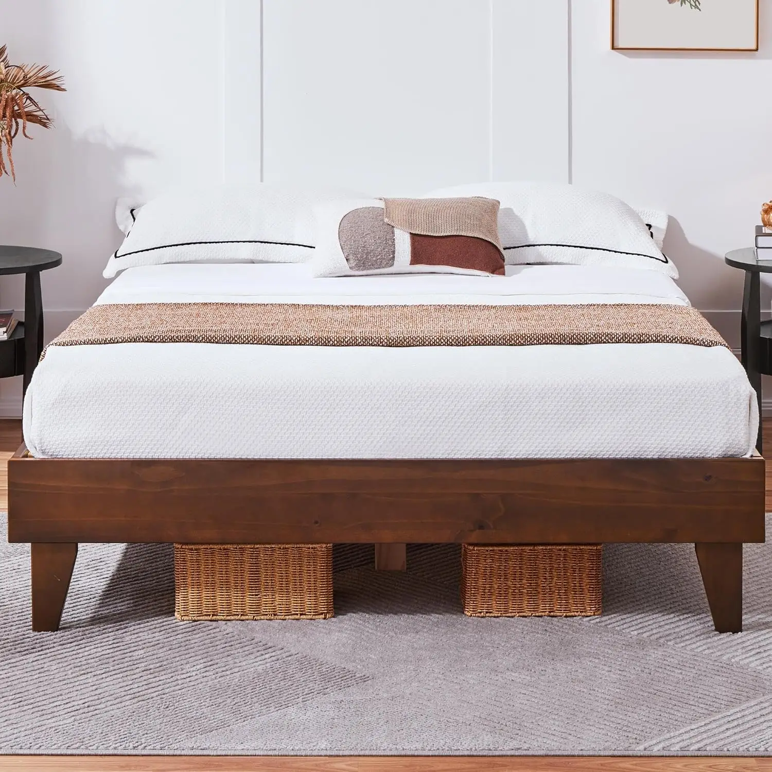 Queen Solid Pine Wood Platform Bed Frame - Reserved Holes for Headboard, Wooden Slats Support, 7.5