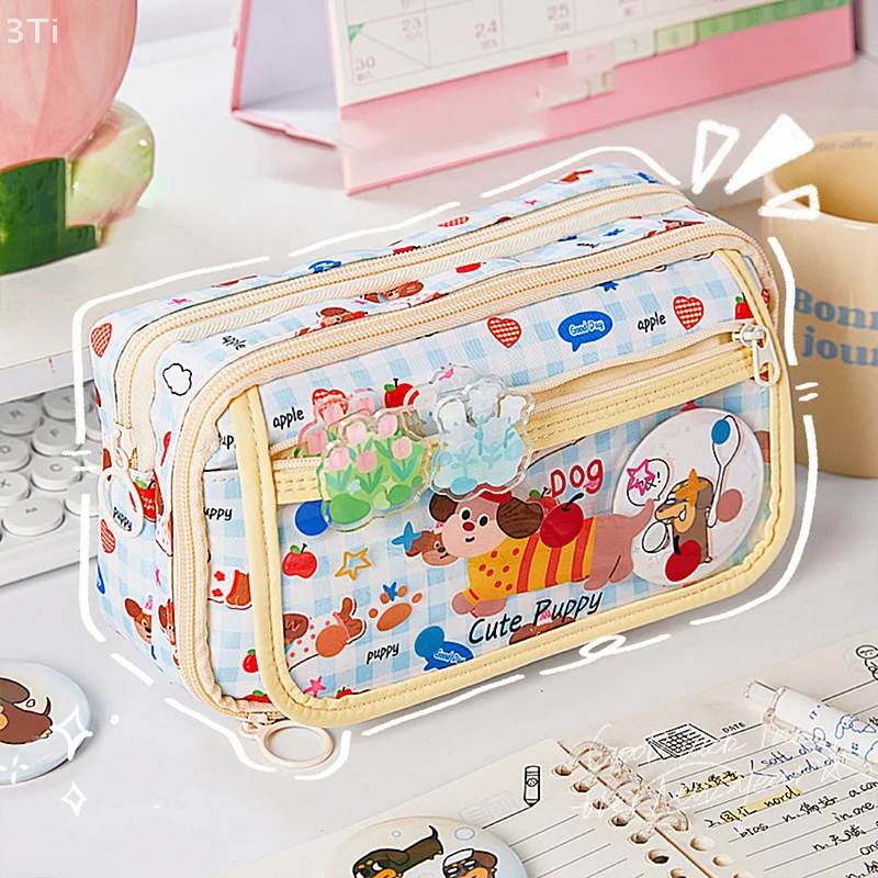 Cute Cartoon Puppy Pencil Case Multilayer Large Multi-Functional Mechanism Kawaii Student Pencil Box Stationery Storage Box