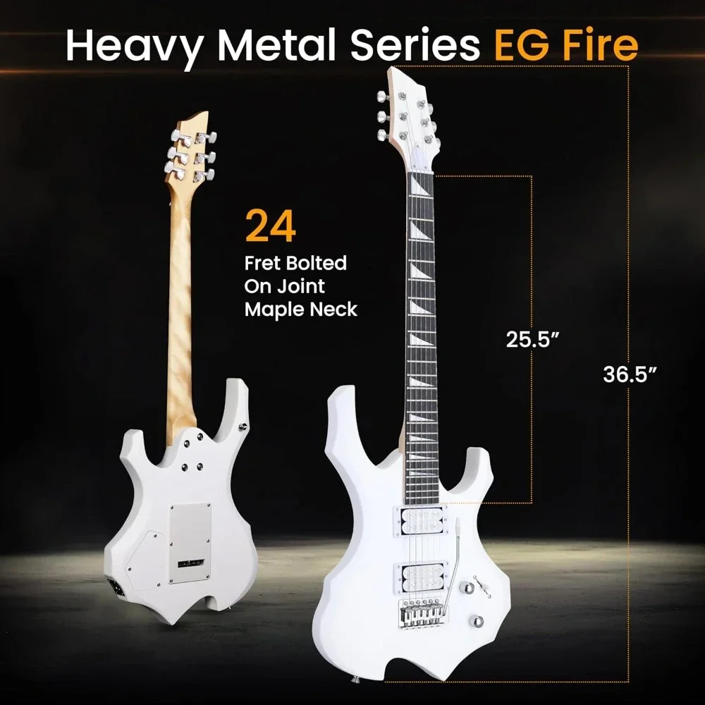 Heavy Metal EG Fire Electric Guitar Axe w/ Amplifier Kit, Full Size Instrument w/ Practice Amp & Accessories, White Matte