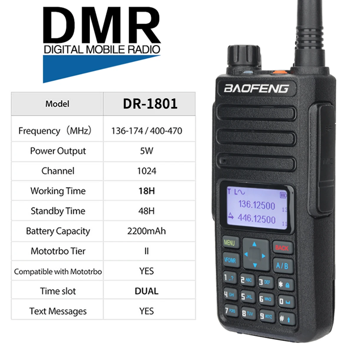 Baofeng DR-1801UV a lungo raggio Dual Band DMR Walkie Talkie digitale/analogico tier00/75 tier II Dual Time Slot Upgrade Radio radioamatoriale bidirezionale