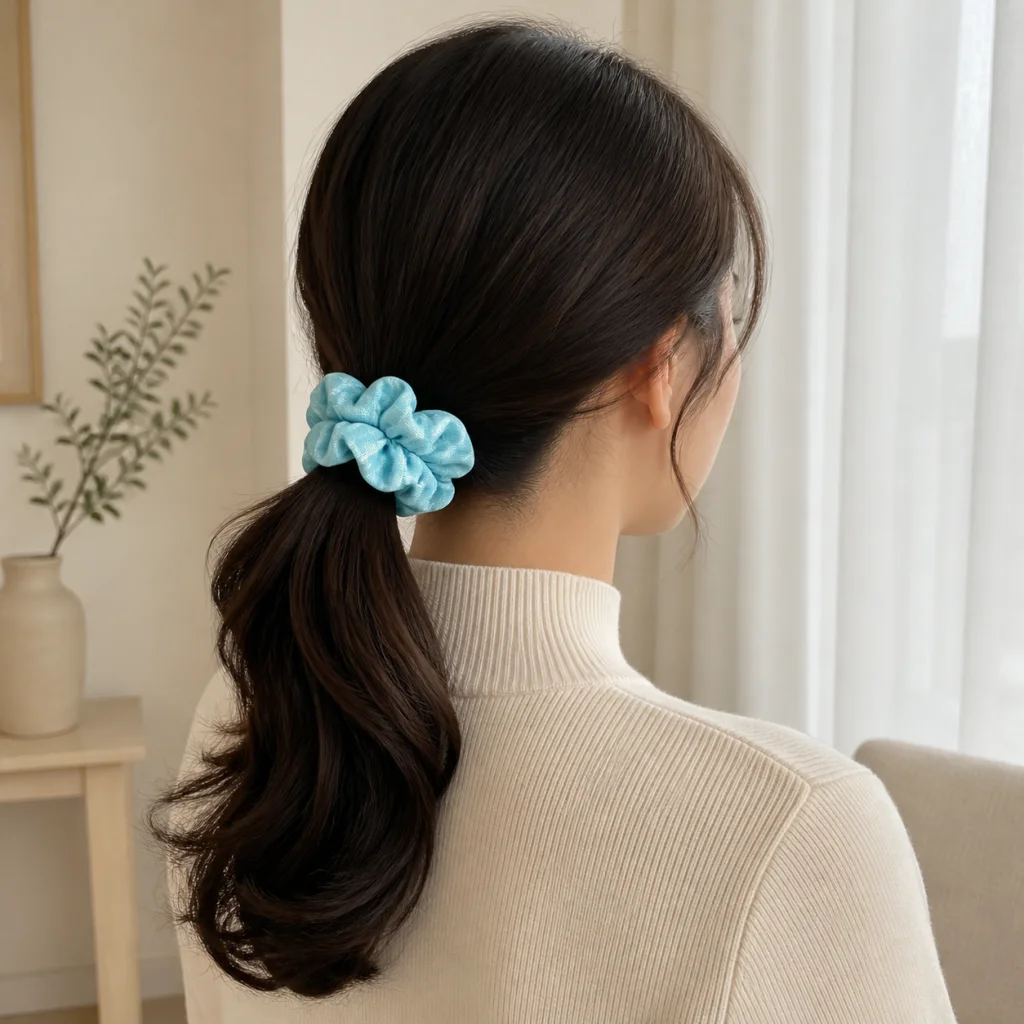Aqua Blue Pinstripe Single-Layer Scrunchie Handmade Oversized Hair Tie 5