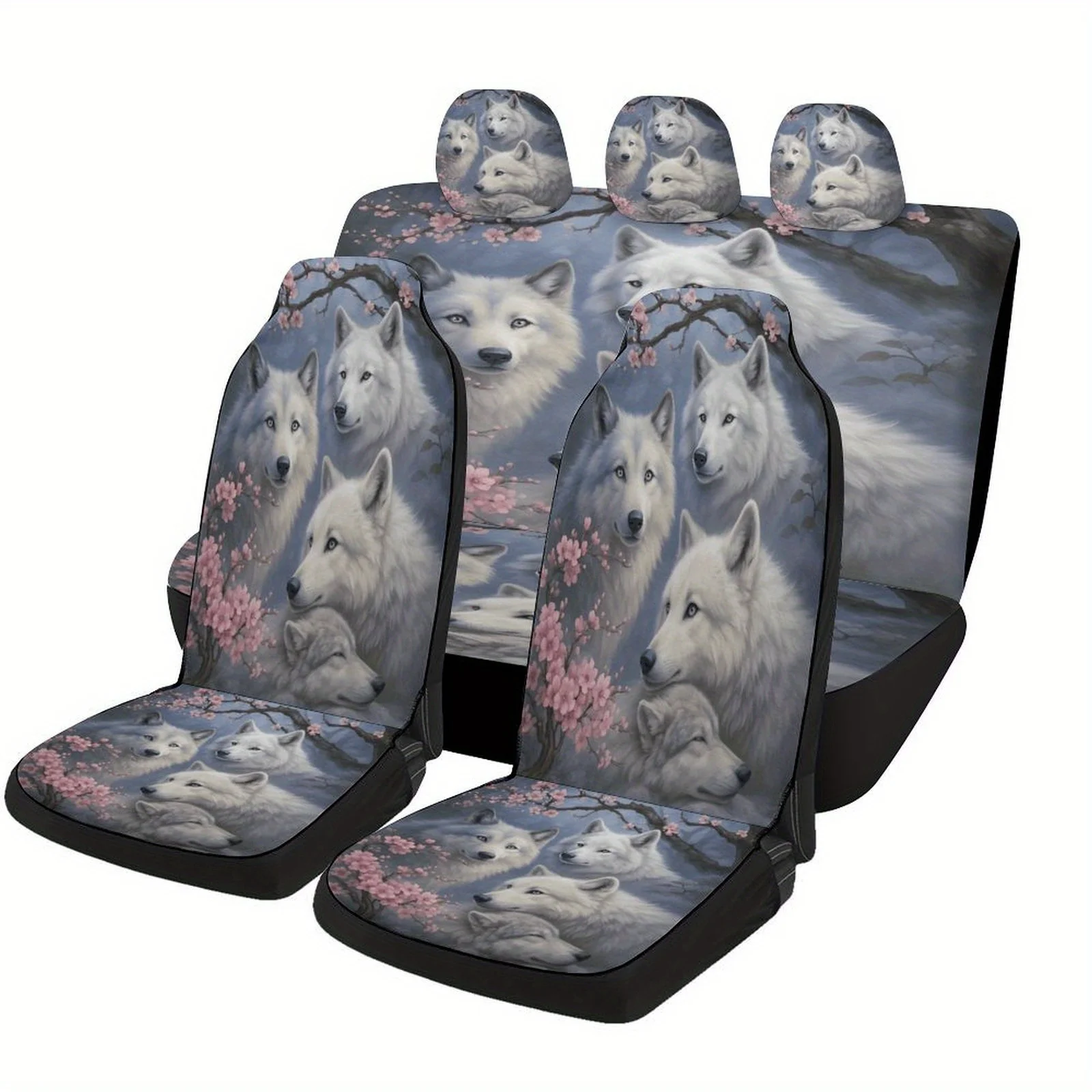 White Wolves Designed Car Seat Cover Set For Most Cars, Trendy Novelty High-quality Car Seat Protector Covers Full Set, Universa