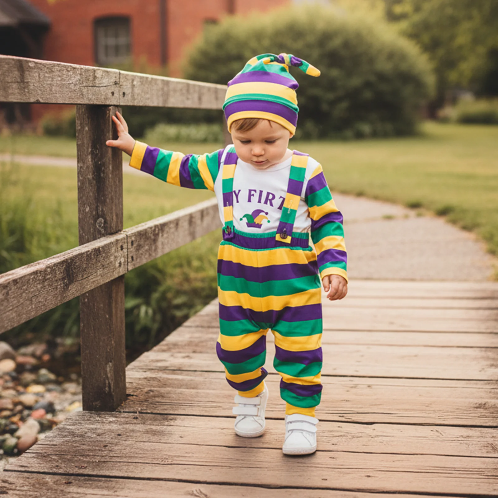 Baby Boy Mardi Gras Outfit Letter Print Striped Crew Neck Long Sleeve Romper Suspender Pants Cap 3 Pcs Carnival Costume Set